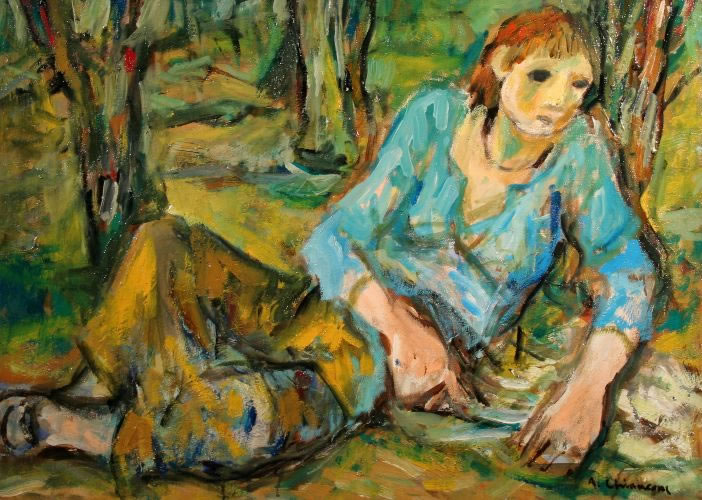 Figura nel prato, s.d.1978-’80, olio su tela, cm 50x70, Napoli, collezione privata